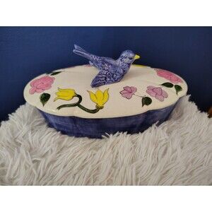Vintage Ceramic Covered Trinket Box W Bird Handle Hand Painted
